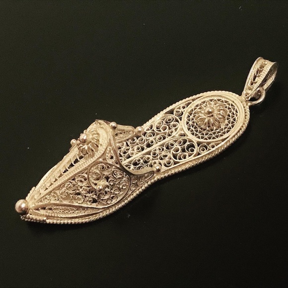Handmade Jewelry - Special Holiday Gift - Handmade silver filigree slipper Pendant 2” long